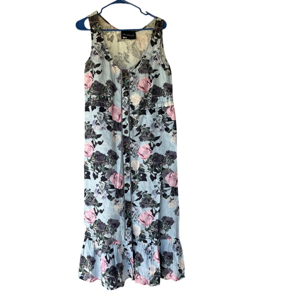 Nicholas Floral Linen Maxi Dress w/ Pockets Multicolor Boho Prairie - Picture 1 of 6